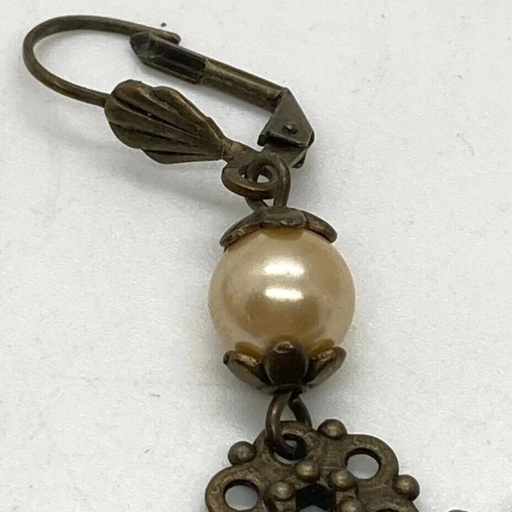 Vintage Style Dangle Earrings Pearl Bronze Brown Amber Leverback Fashion Jewelry